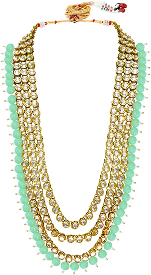 Aheli Indian Wedding Kundan Beaded Bridal Long Choker Necklace Earrings with Maang Tikka Traditional Jewellery Set for Women - Image 5